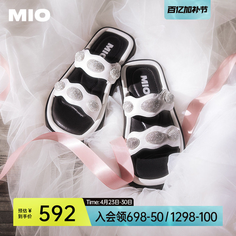 MIO米奥外穿拖鞋女夏季时尚一字拖复古水钻平跟度假凉鞋休闲凉鞋