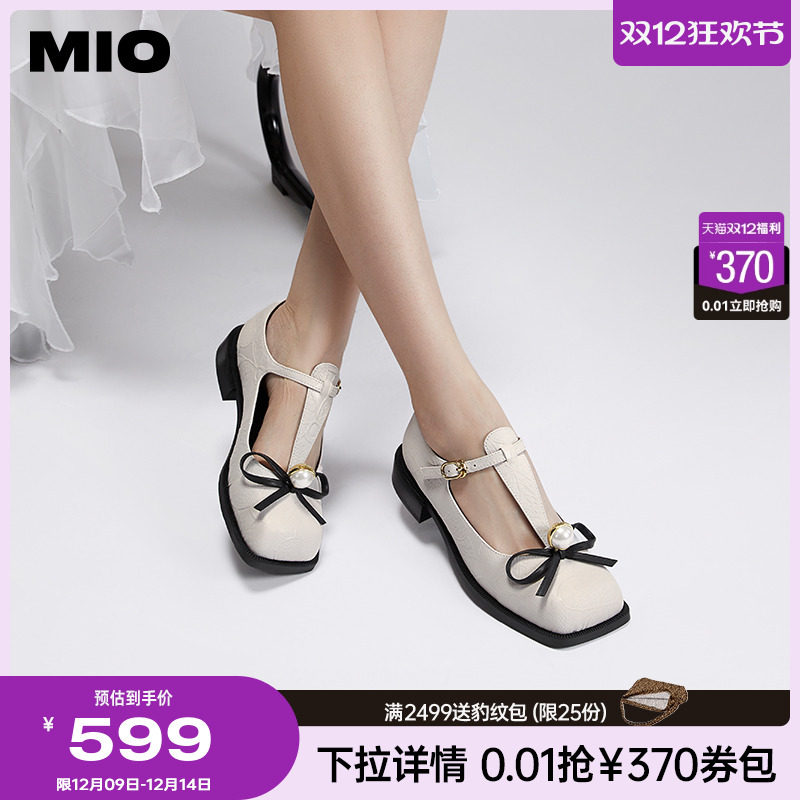 MIO米奥秋季显瘦方头低跟女鞋T字袢带珍珠饰扣减龄玛丽珍女