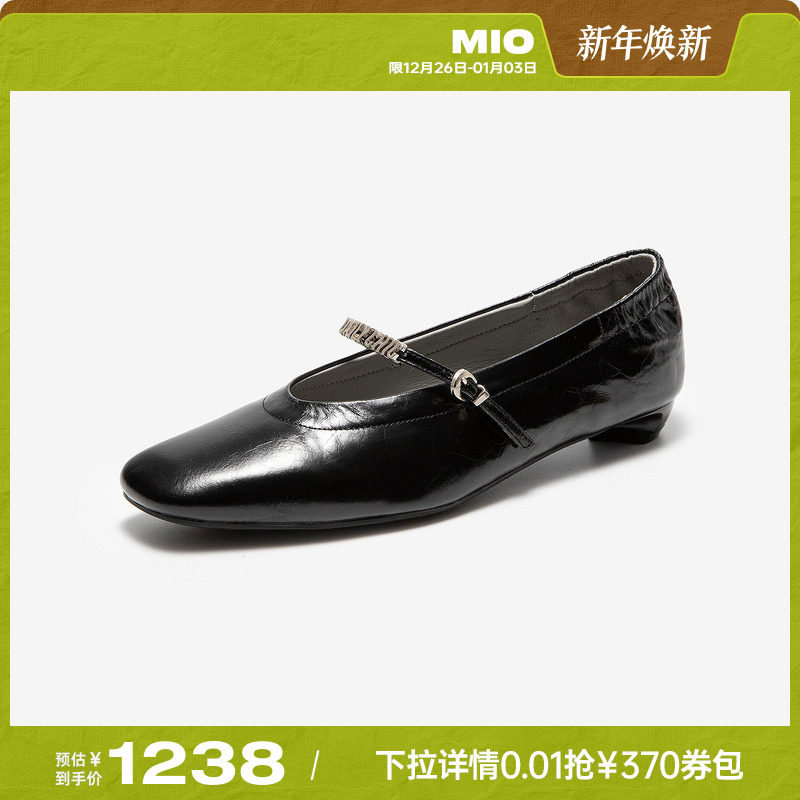 MIO米奥女鞋法式尖头褶皱2026春季新款低跟一字带玛丽珍粗跟单鞋