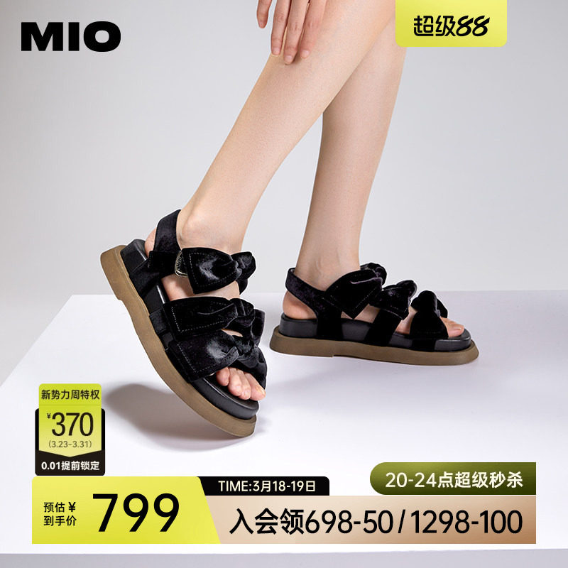 MIO米奥夏季纯色低跟厚底凉鞋复古丝绒蝴蝶结时尚休闲沙滩鞋女鞋