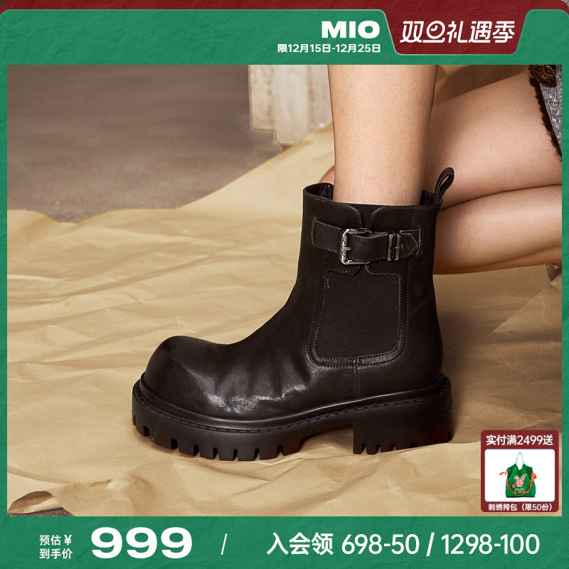 MIO米奥切尔西靴2025冬季新款圆头高跟褶皱感马丁靴复古增高女