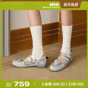 蝴蝶结单鞋 新款 女miu银色运动玛丽珍 2025秋季 MIO米奥朋克芭蕾舞鞋