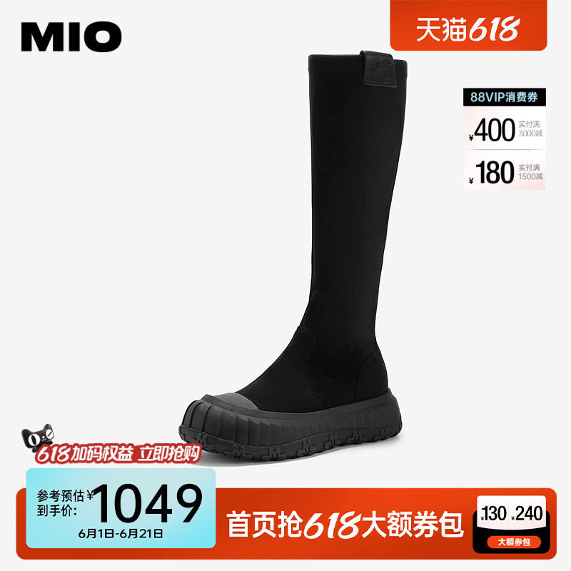 MIO米奥冬季长靴厚底弹力靴袜靴百搭增高简约黑色瘦瘦靴长筒靴女