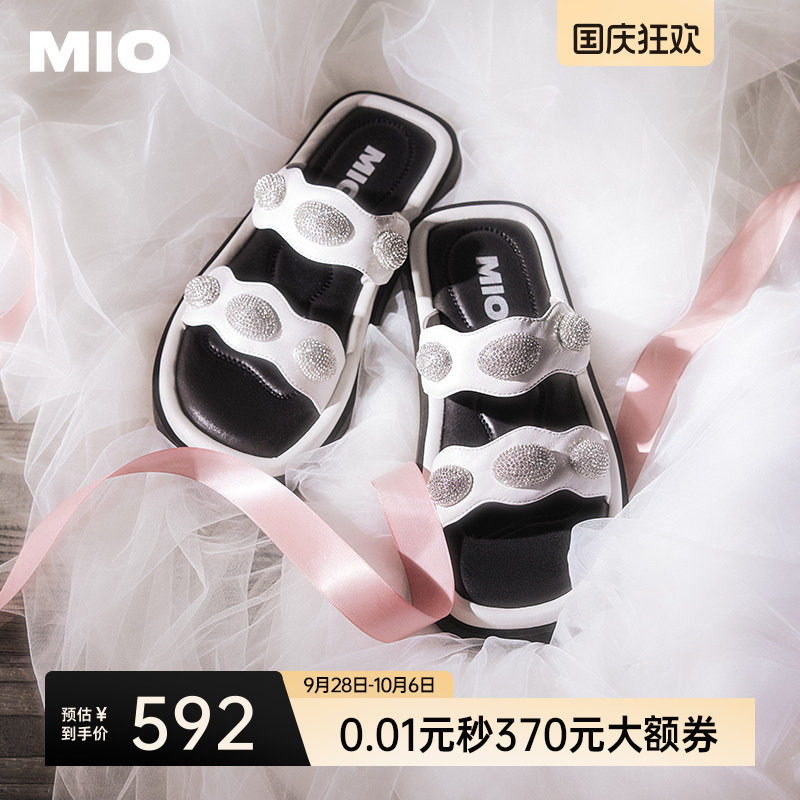 MIO米奥外穿拖鞋女夏季时尚一字拖复古水钻平跟度假凉鞋休闲凉鞋图片