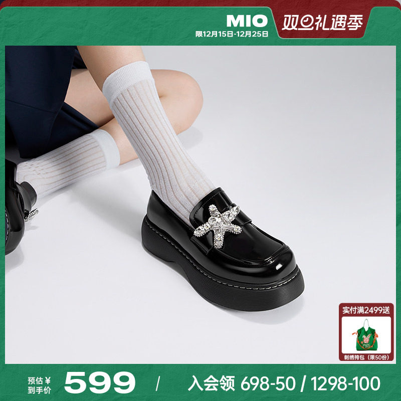 MIO米奥秋季圆头学院厚底乐福鞋复古钻饰元素显高舒适女鞋