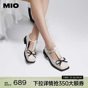 显瘦方头低跟女鞋 MIO米奥秋季 T字袢带珍珠饰扣减龄玛丽珍女