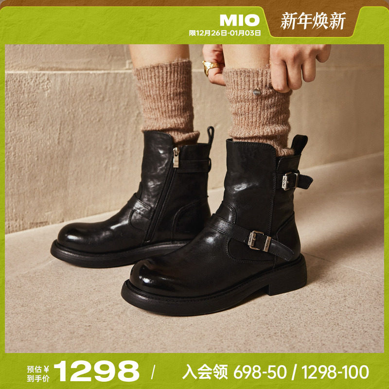MIO米奥加绒褶皱马丁靴金属粗跟靴子冬新款女鞋牛皮革切尔西短靴