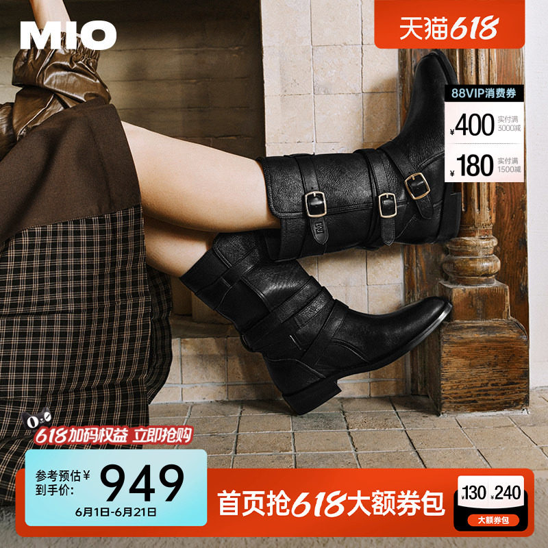 [张钧甯同款]MIO米奥冬中筒靴质感西部骑士靴复古厚底圆头靴子女