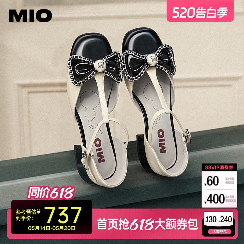 MIO米奥女鞋小香风凉鞋春夏新款甜美链条蝴蝶结法式浅口单鞋皮鞋