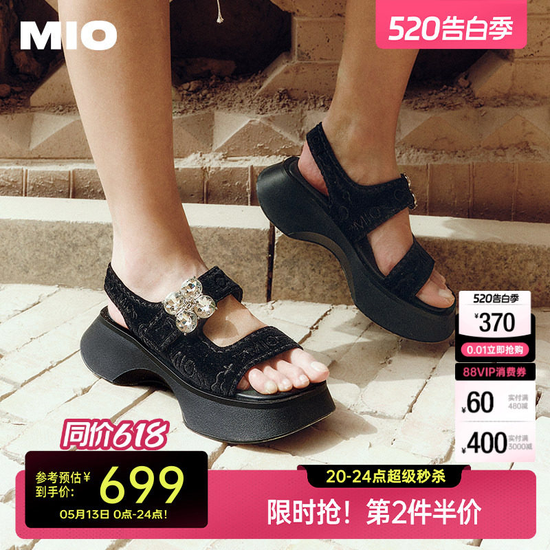 MIO米奥厚底黑色凉鞋女夏款水钻休闲魔术贴增高时尚沙发凉拖