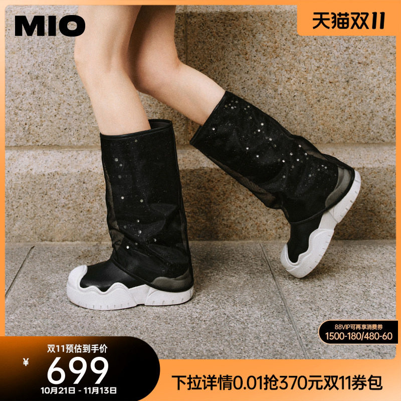 MIO米奥裤管靴冬季机车套筒靴撞色圆头网纱烟筒靴厚底显瘦中筒女