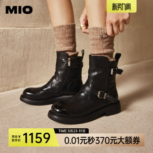 MIO米奥加绒褶皱马丁靴金属粗跟靴子冬新款 牛皮革切尔西短靴 女鞋