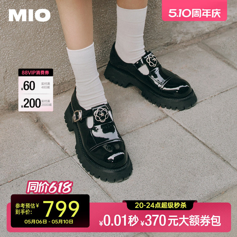 MIO米奥春季中跟单鞋复古山茶花显高厚底时髦玛丽珍鞋亮面女鞋