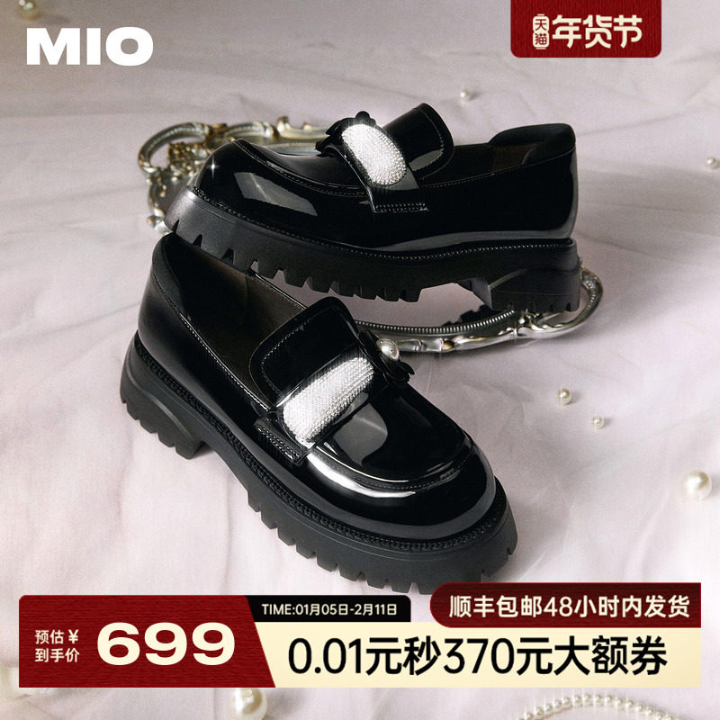 MIO米奥乐福鞋钻饰花朵春季圆头粗跟学院厚底黑色亮面小皮鞋女