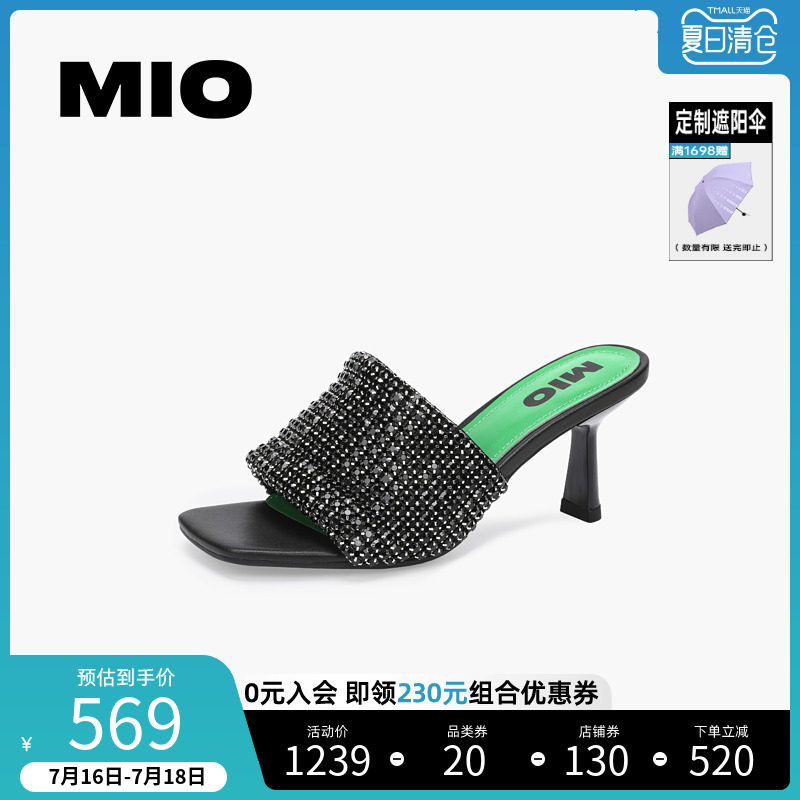 mio米奥女鞋夏季时尚烫钻优雅中跟一字带凉鞋高跟鞋