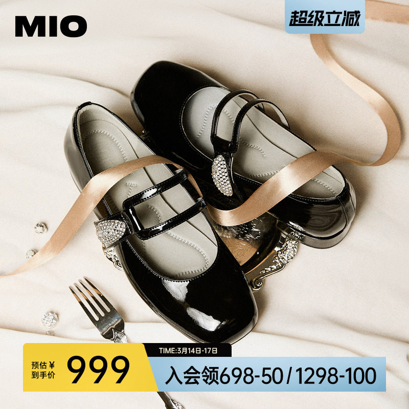 MIO米奥玛丽珍鞋2026春季新款圆头粗跟闪钻饰扣魔术贴女单鞋