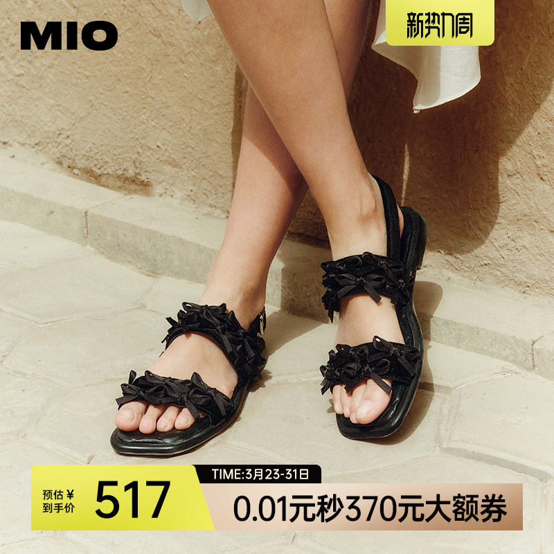 MIO米奥蝴蝶结凉鞋女夏季法式方头平底带扣清凉度假休闲拖鞋