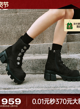 MIO米奥小众设计马丁靴圆头厚底机车靴酷感增高靴子系带靴