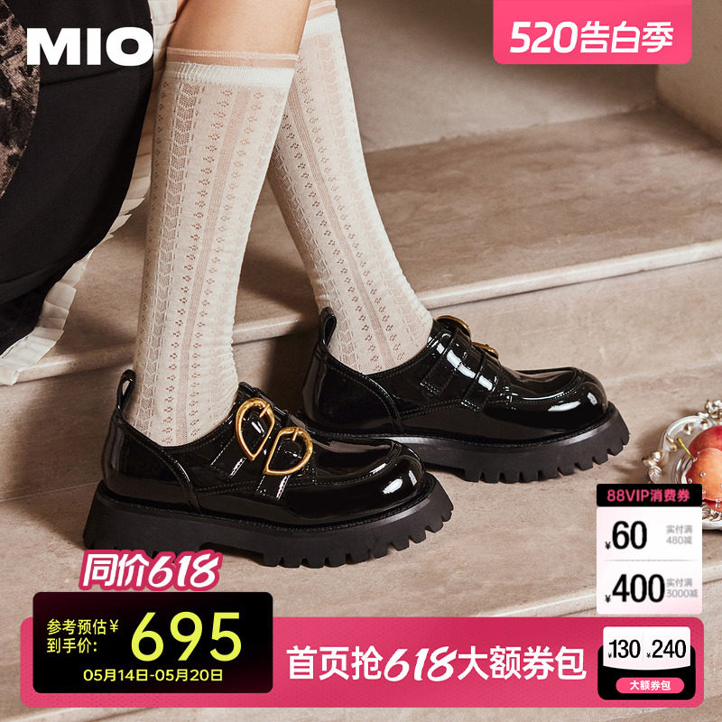 赵昭仪同款MIO米奥乐福鞋女金属爱心扣魔术贴松糕厚底小皮鞋单鞋