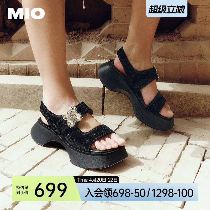 MIO米奥厚底黑色凉鞋女夏款水钻休闲魔术贴增高时尚沙发凉拖