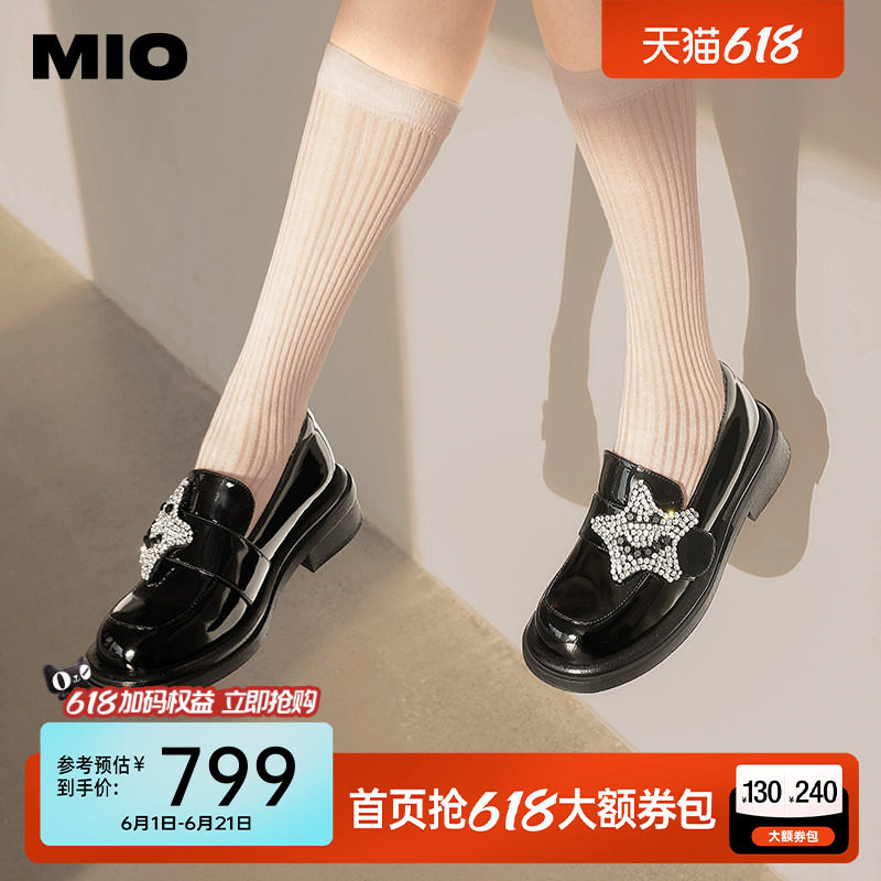 MIO米奥英伦乐福鞋水钻真皮豆豆鞋少女单鞋魔术贴深口小皮鞋女鞋
