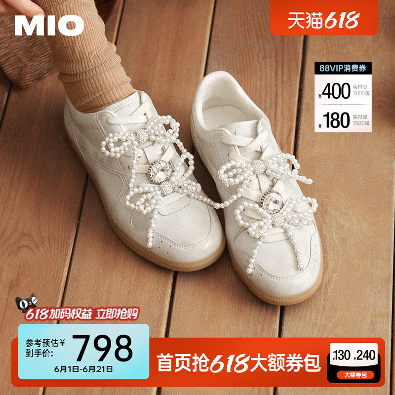 MIO米奥女鞋春芭蕾风德训鞋珍珠装饰优雅舒适休闲运动鞋轻便板鞋