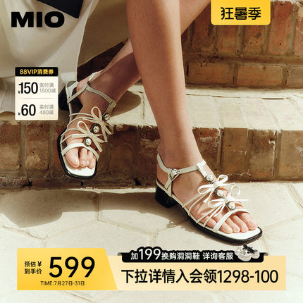 MIO米奥夏季低跟凉鞋女法式蝴蝶结方头一字带罗马鞋珍珠空凉