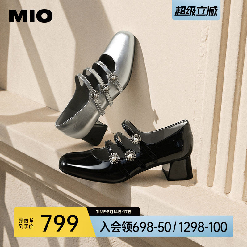 MIO米奥春季梦幻三带玛丽珍鞋珍珠装饰魔术贴单鞋甜美粗跟女鞋