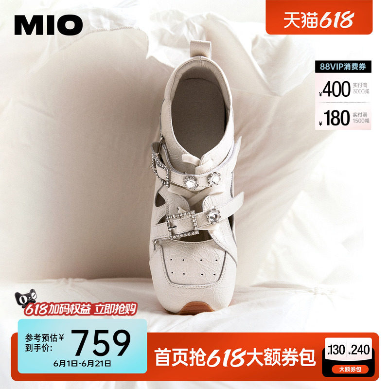 MIO米奥芭蕾运动玛丽珍2026春新款闪钻绑带女阿甘舞鞋裂纹皮单鞋