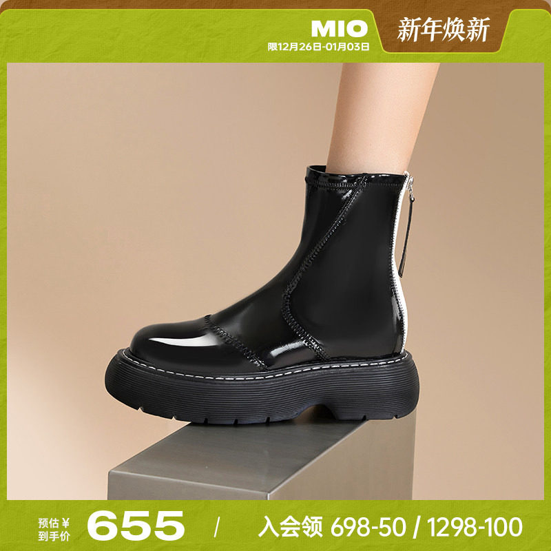 MIO米奥亮面短靴厚底机车潮流冬季时尚弹力靴显瘦袜靴黑色马丁靴