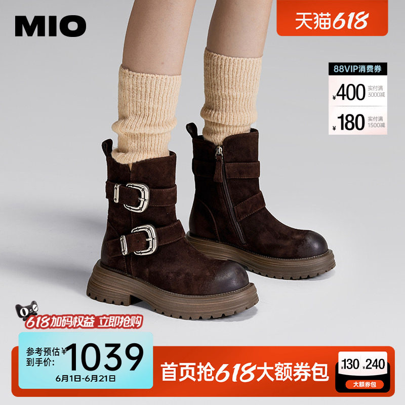 MIO米奥女鞋冬季加绒西部靴马丁靴金属皮带扣短靴厚底皮靴子女靴