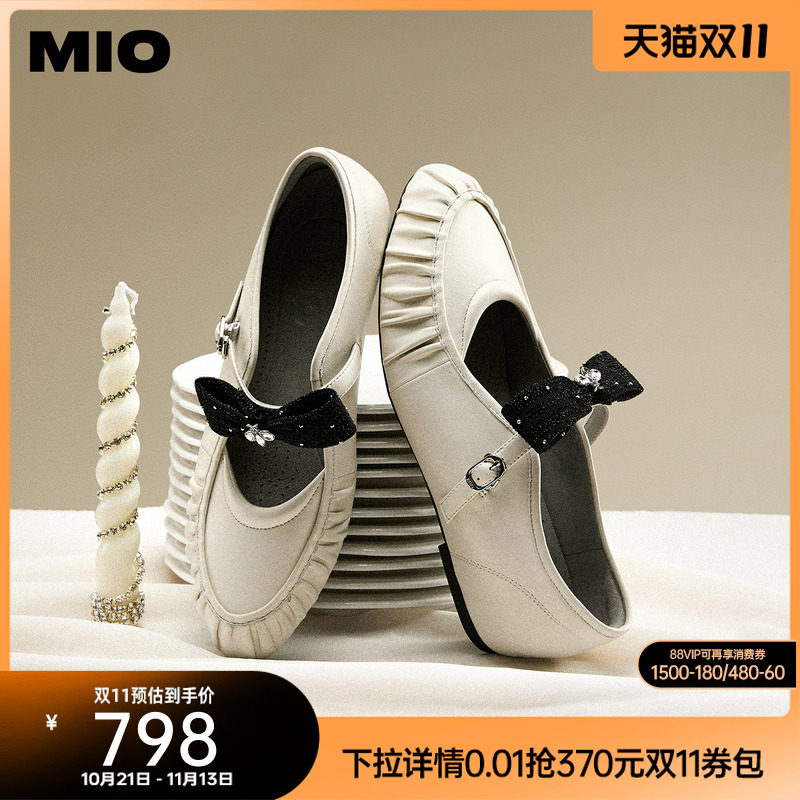 MIO米奥小香风玛丽珍女鞋2026新款复古水钻蝴蝶结褶皱尖头小单鞋