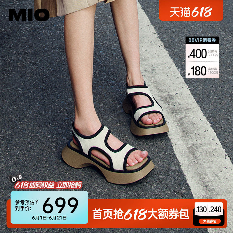 MIO米奥女鞋夏季新款凉拖拼色休闲韩版厚底增高松糕底露趾凉鞋