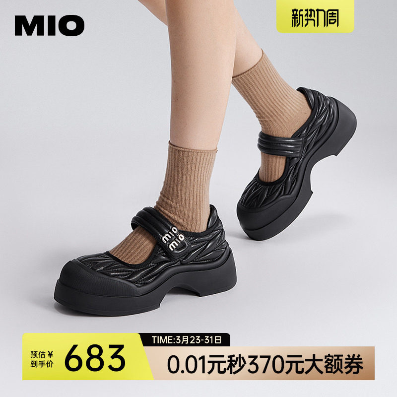 MIO米奥魔术贴玛丽珍鞋圆头小皮鞋坡跟厚底日式软皮浅口单鞋女鞋