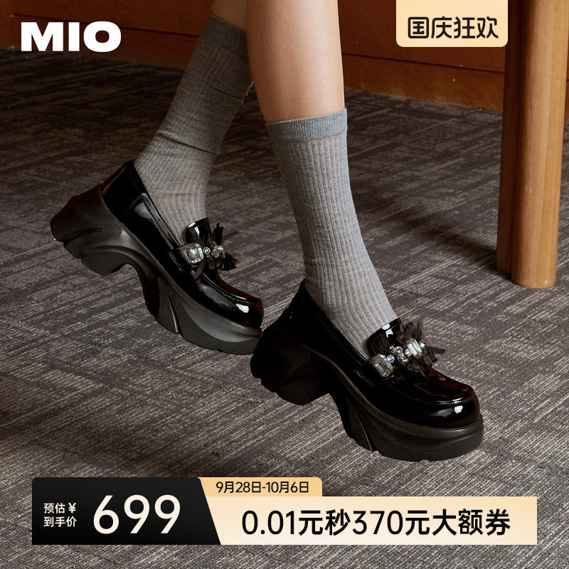 MIO米奥女鞋甜酷乐福鞋2026春季新款水钻蝴蝶结厚底增高小黑皮鞋图片