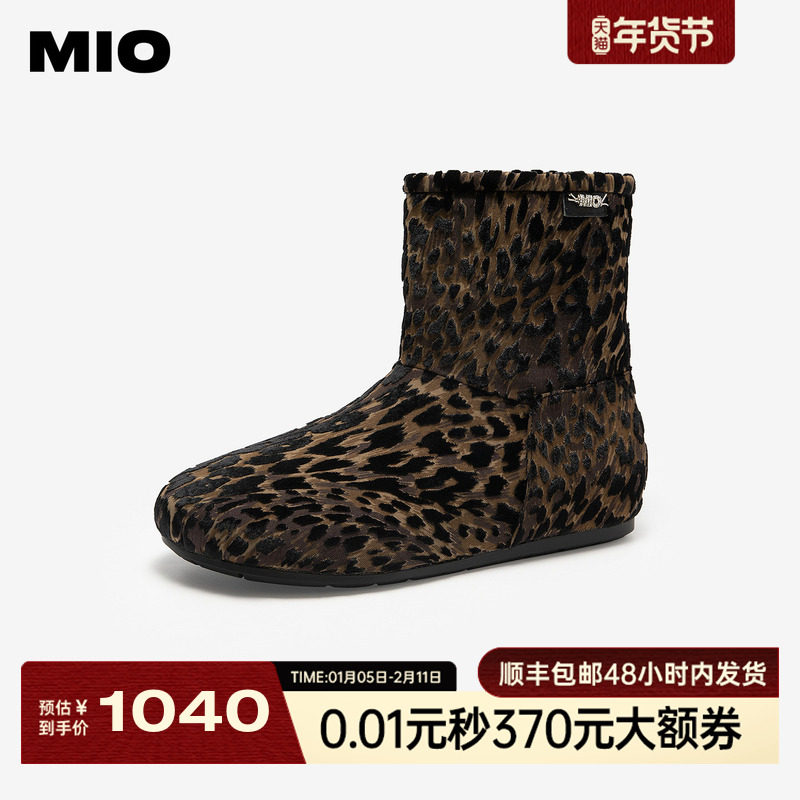 MIO米奥时尚雪地靴2025冬季新款圆头平底豹纹保暖舒适短筒女靴