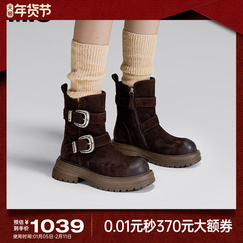 MIO米奥女鞋冬季加绒西部靴马丁靴金属皮带扣短靴厚底皮靴子女靴,女鞋,西部靴,淘宝优惠券,粉丝福利购,淘宝优惠卷