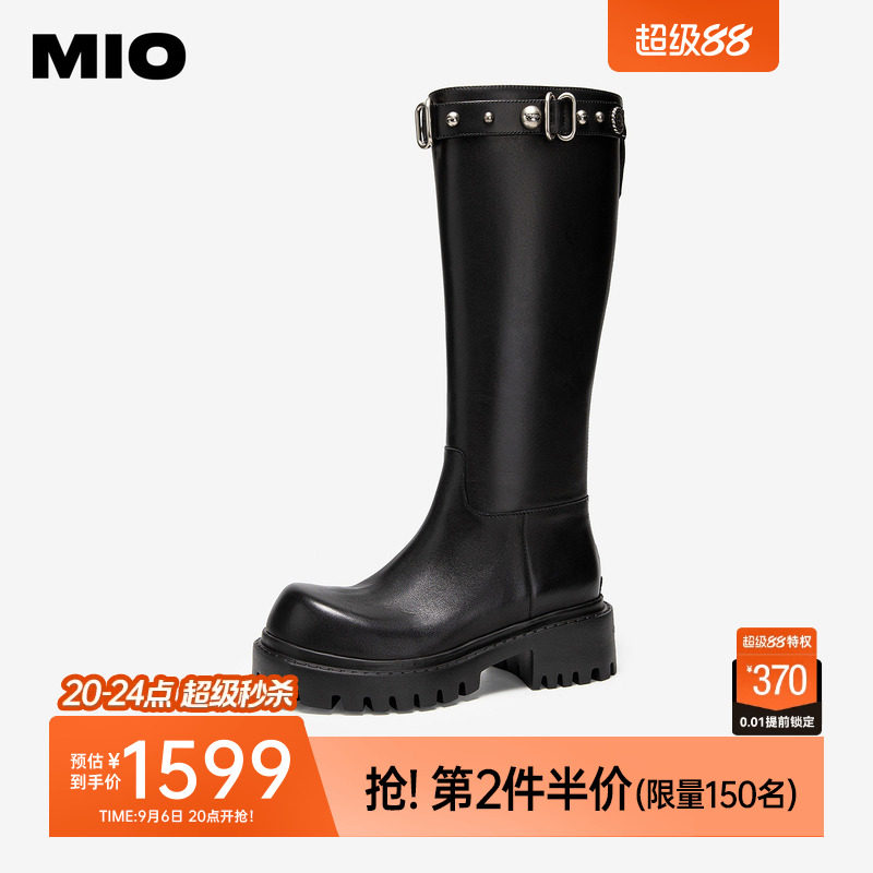 MIO米奥机车骑士靴厚底5cm女鞋冬季新款铆钉黑色牛皮革长靴