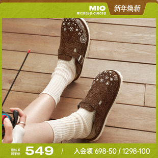 复古勃肯拖包头拖咖色牛绒皮面珍珠休闲鞋 MIO米奥2025夏季 新款