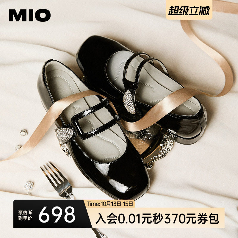 MIO米奥玛丽珍鞋2026春季新款圆头粗跟闪钻饰扣魔术贴女单鞋