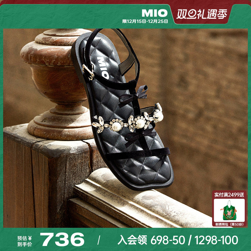 MIO米奥女鞋法式蝴蝶结2025夏季新款T字带罗马鞋珍珠平底方头