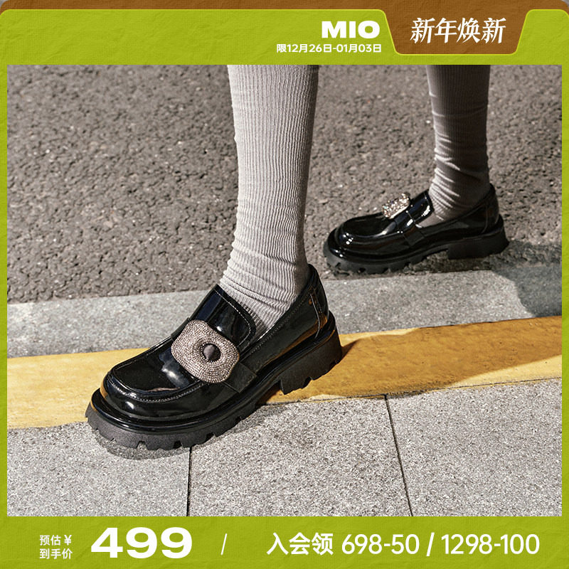 MIO米奥秋季复古圆头粗跟乐福鞋星光钻饰厚底学院单鞋女鞋