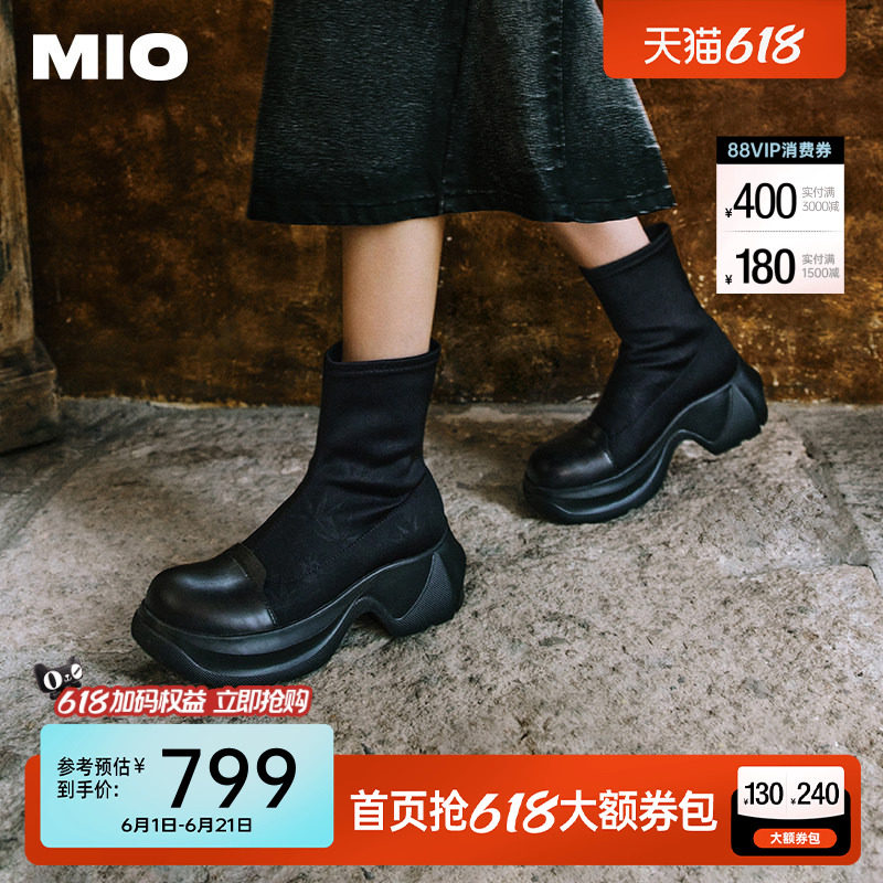 MIO米奥冬季高跟厚底弹力靴国风复古潮流运动靴增高中筒靴女