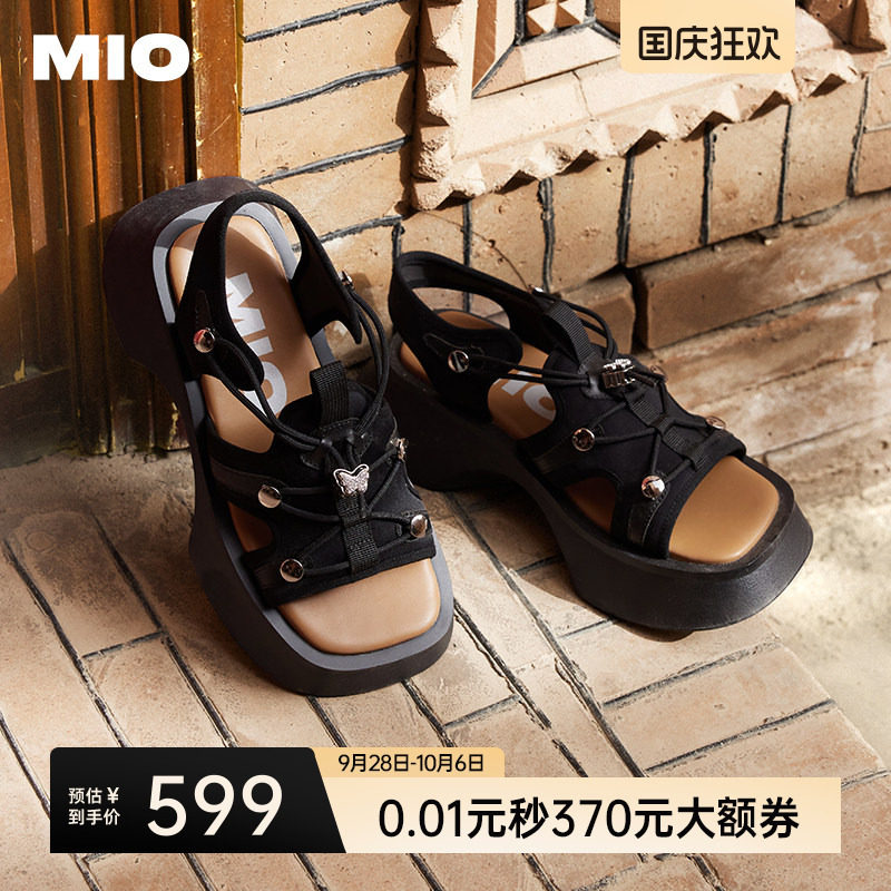 MIO米奥厚底凉鞋夏季机能时尚抽绳凉拖圆头轻便舒适增高女鞋图片