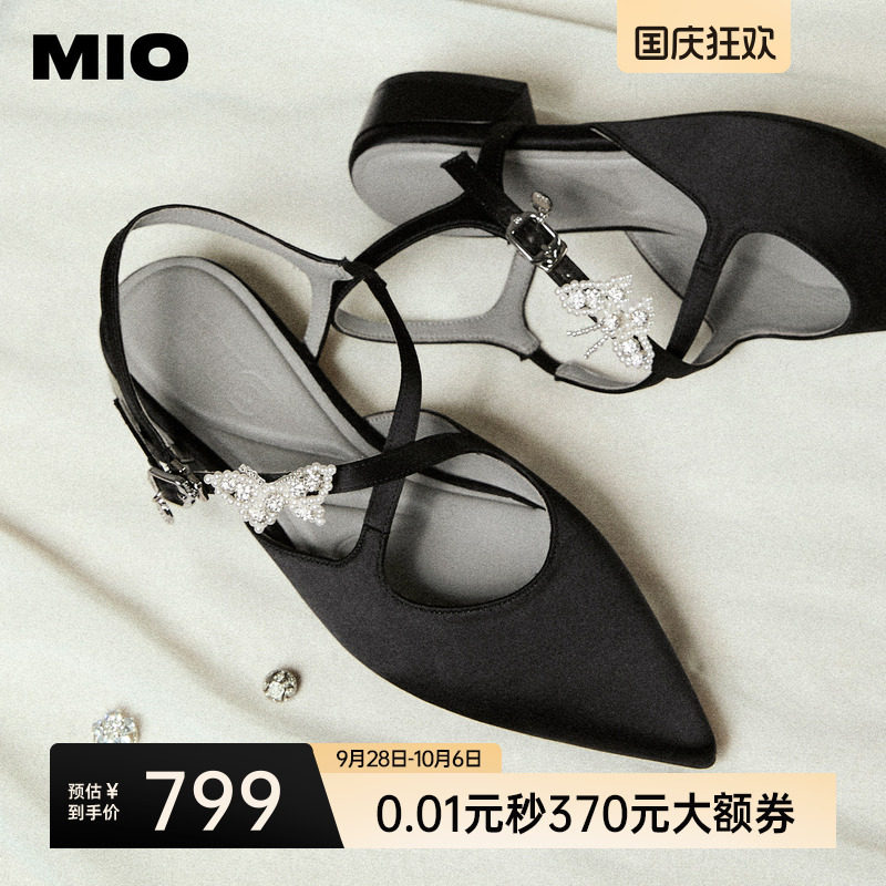 MIO米奥尖头凉鞋女鞋2026夏季新款珍珠蝴蝶结后空法式低跟单鞋图片