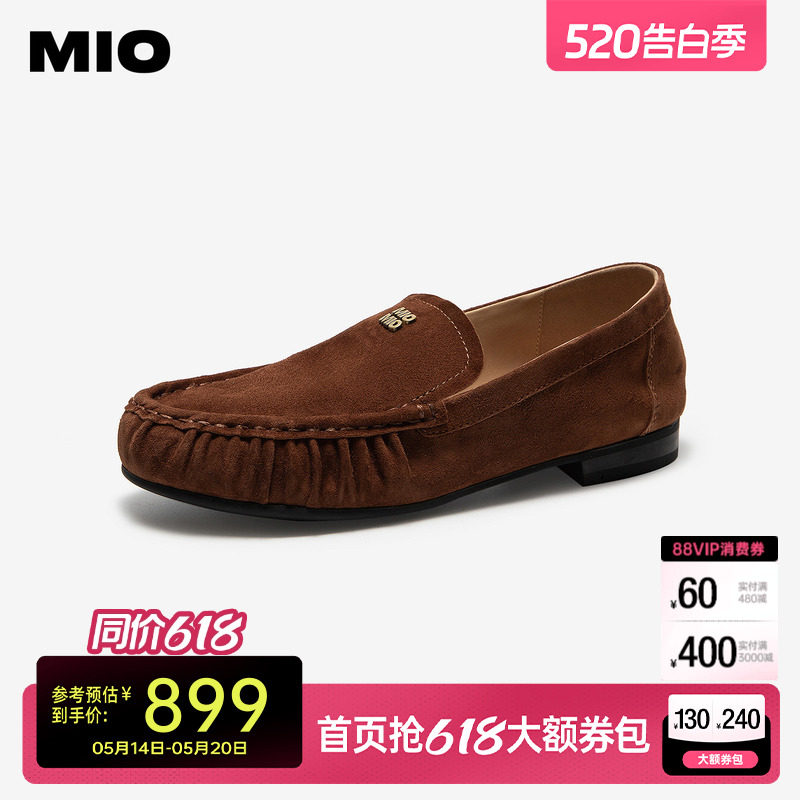 MIO米奥老钱乐福鞋2026夏季新款褶皱圆头低跟豆豆鞋休闲绒面女