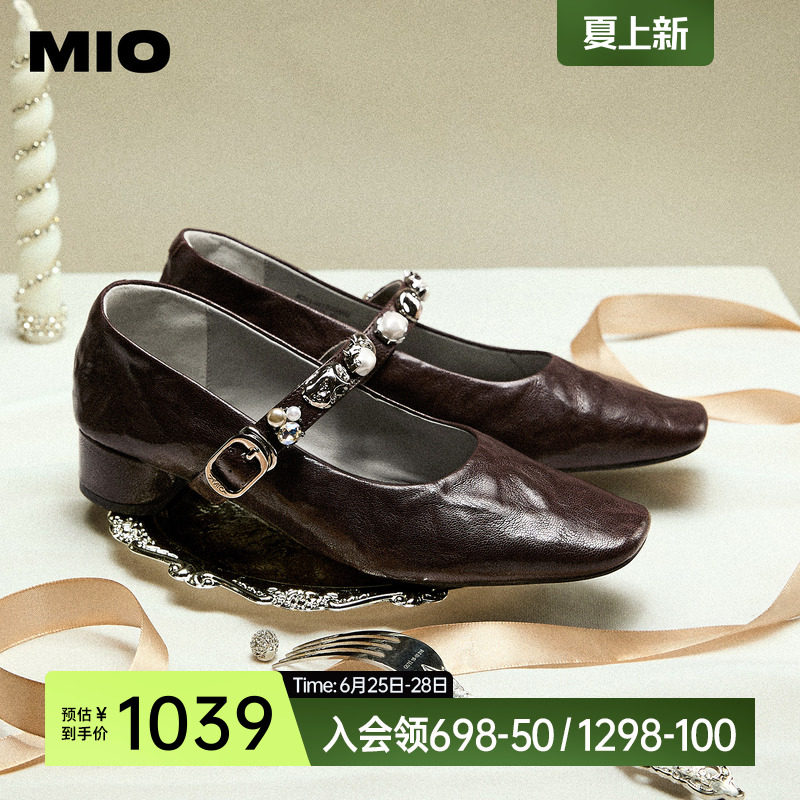 MIO米奥玛丽珍鞋2026春季新款粗跟单鞋一字带金属扣闪钻饰扣女鞋