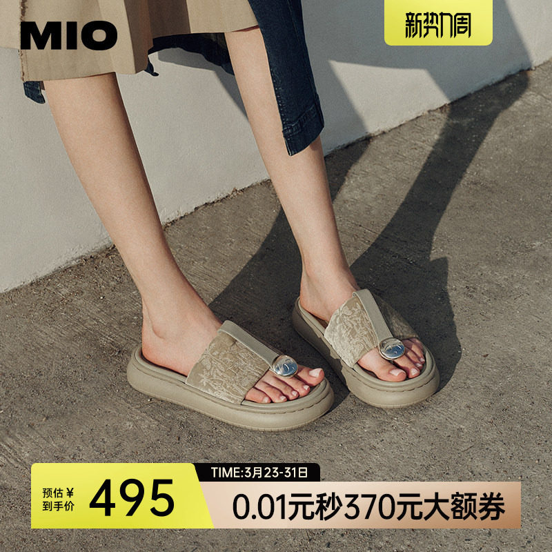 MIO米奥夏季中跟拖鞋潮流复古夹趾拖鞋国风绒感厚底人字拖