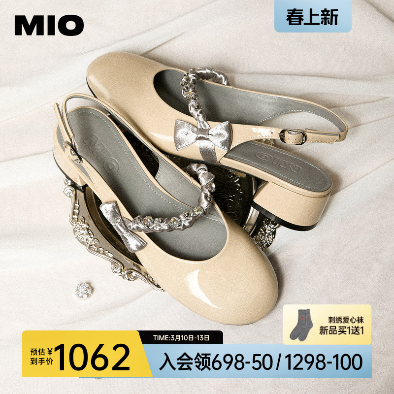 MIO米奥时装凉鞋女2026夏季新款蝴蝶结水钻纽带圆头后空中跟单