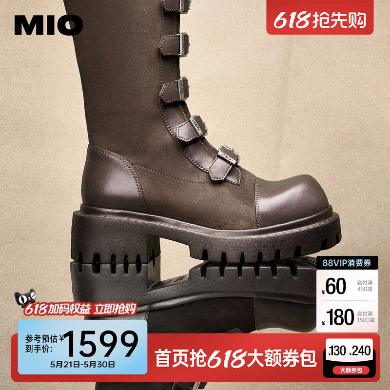 MIO米奥机车骑士靴女款西部牛仔皮扣带2025冬季新款高筒朋克长靴